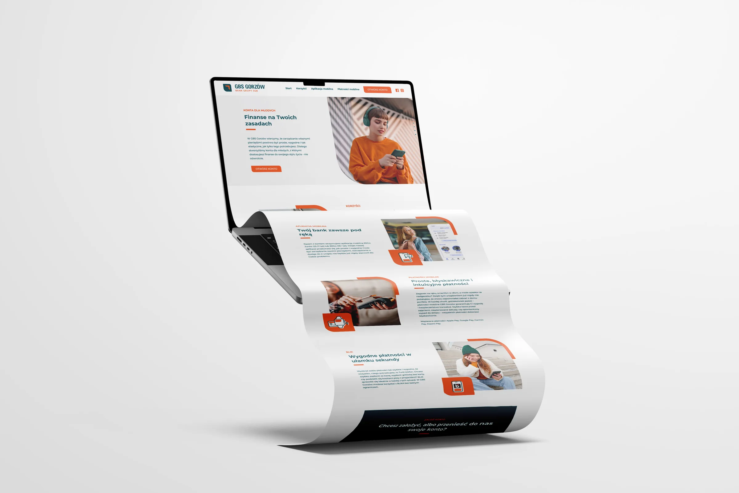 Landing page kampanii Finanse na Twoich zasadach na laptopie, strona rozwinięta w długą wstęgę