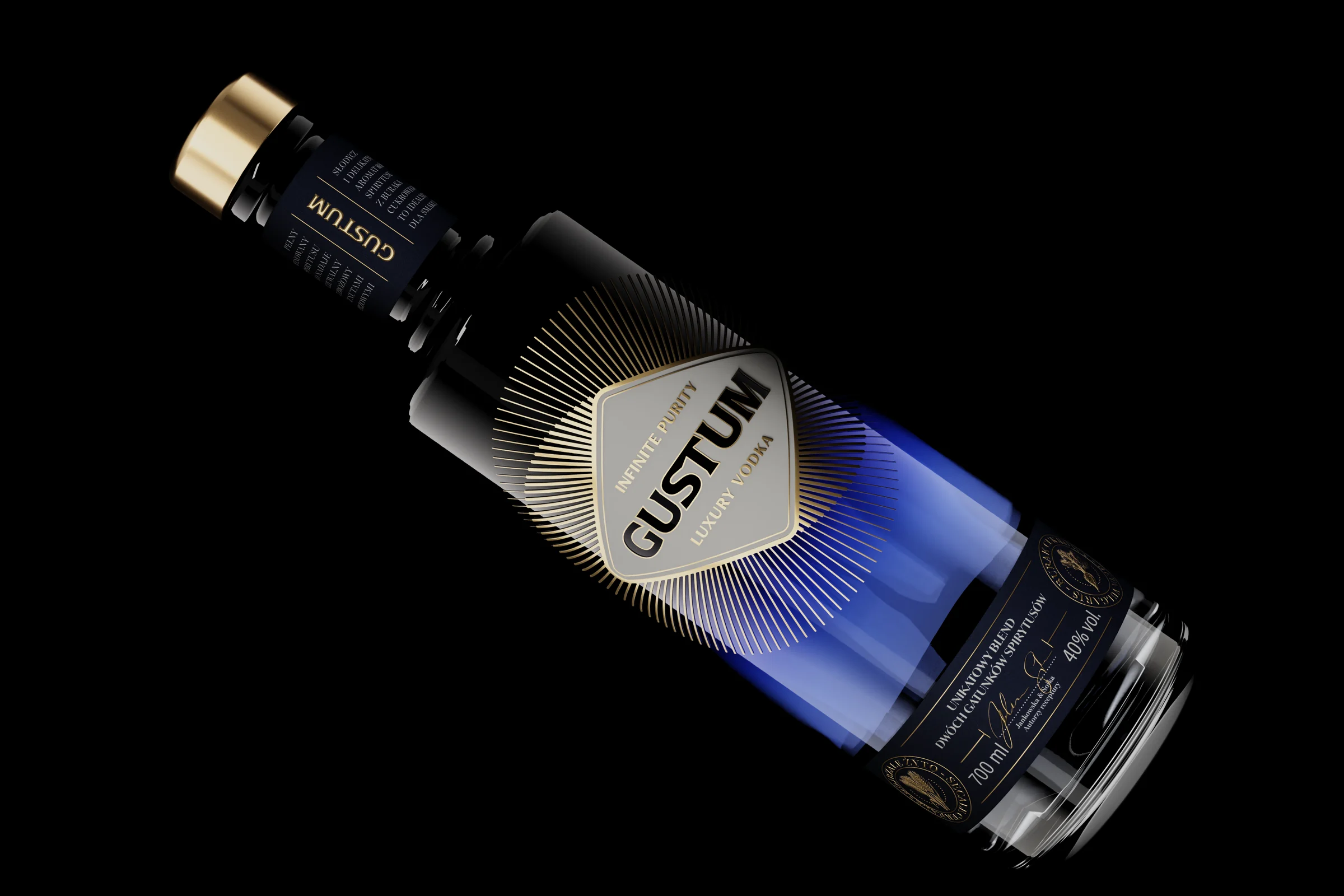 Butelka Gustum Luxury Vodka leżąca po skosie na czarnym tle, z granatowym gradientem i złotymi promieniami wokół rombu