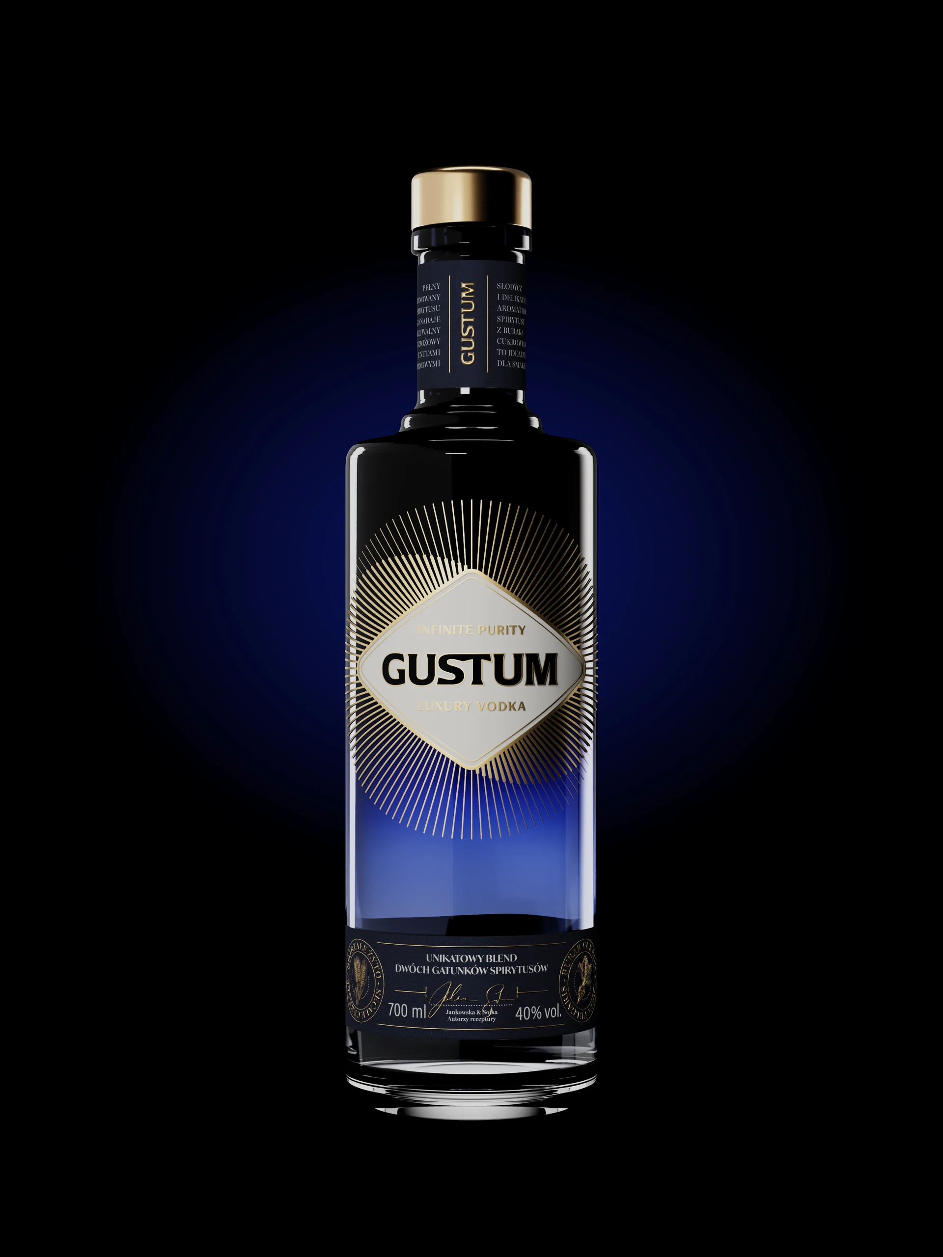 Butelka Gustum Luxury Vodka stojąca na czarnym tle w granatowej poświacie