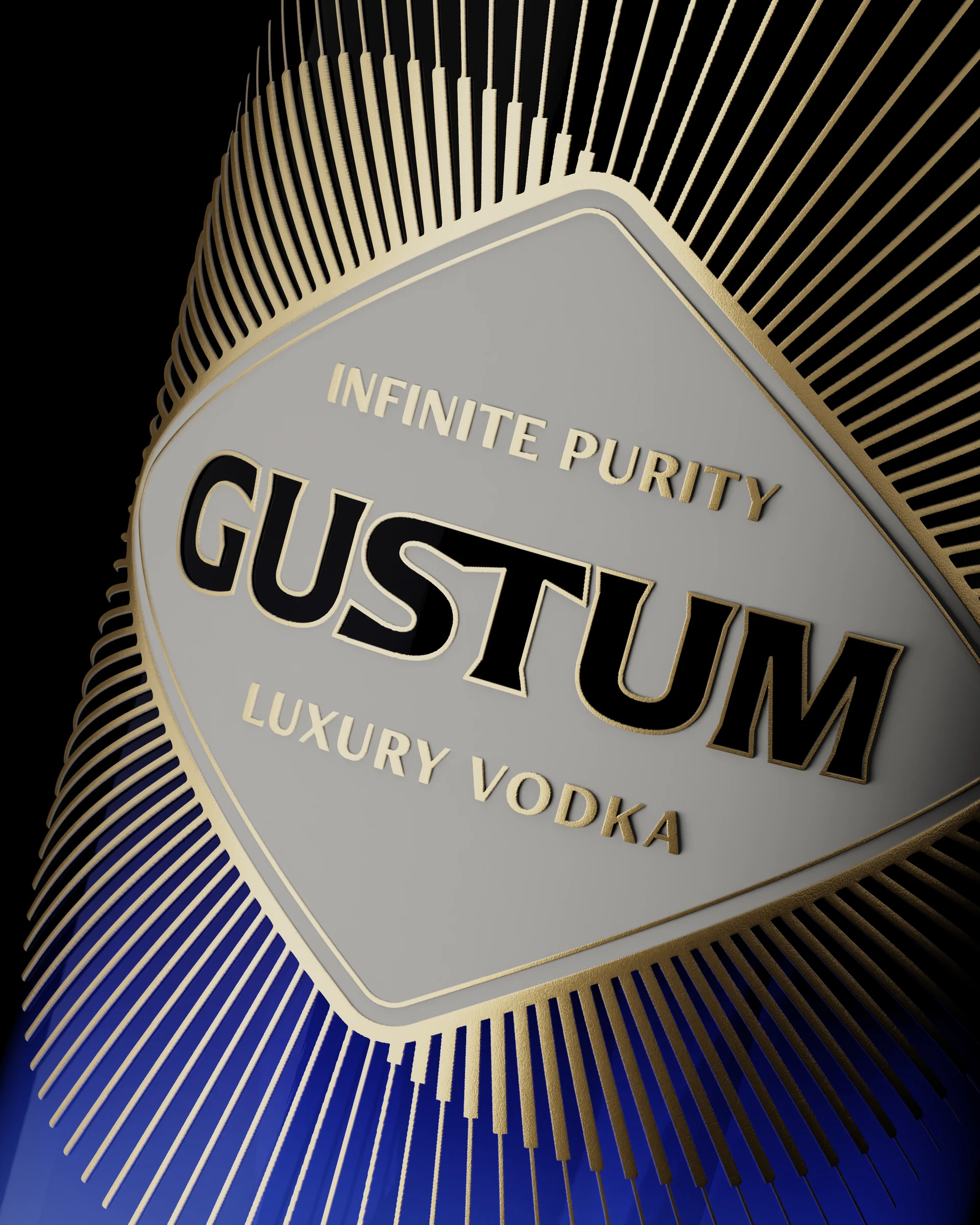 Zbliżenie rombu z nazwą Gustum, napisami Infinite Purity i Luxury Vodka oraz złotymi promieniami na szkle