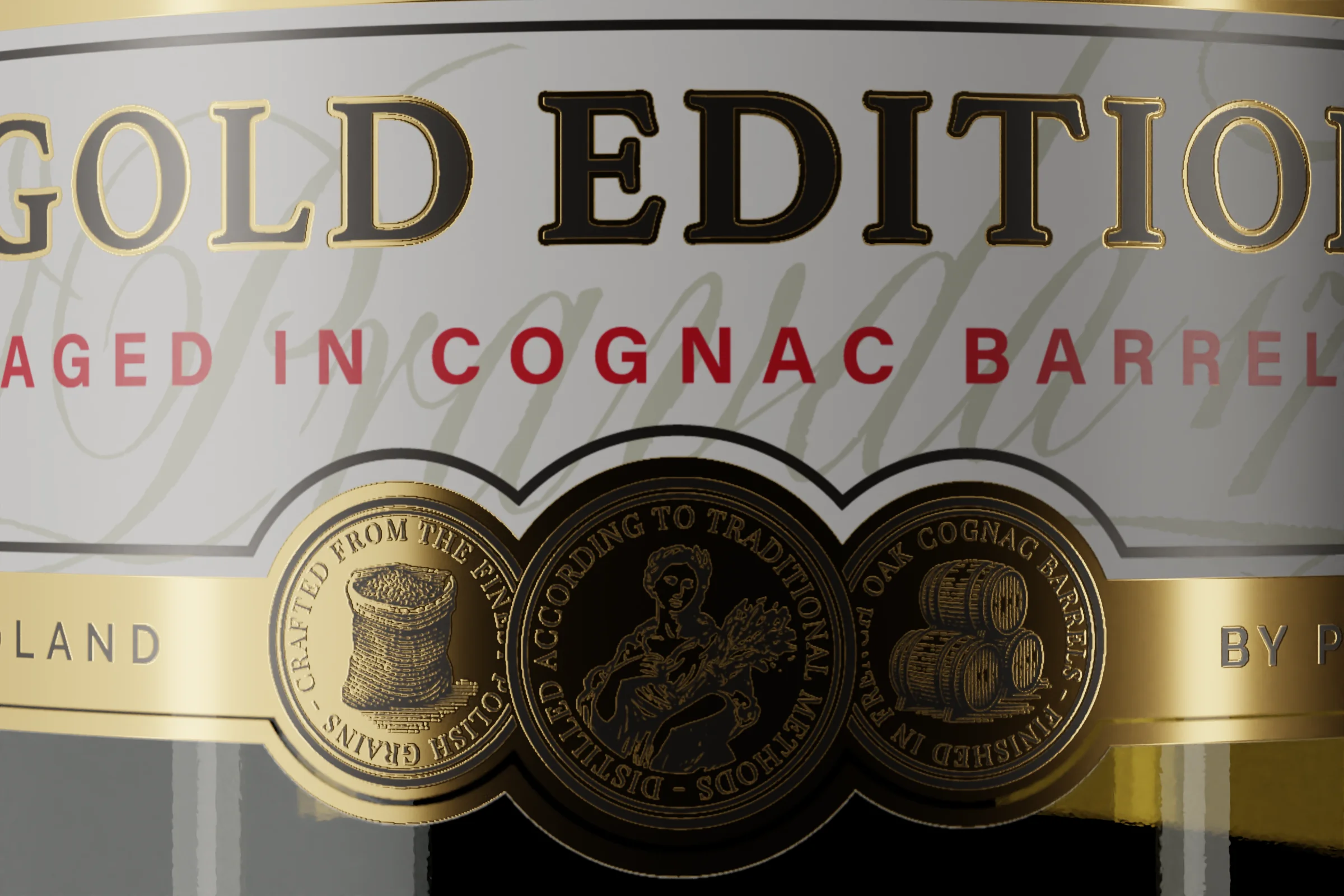 Detal etykiety Gold Edition z napisem Aged in Cognac Barrels i trzema złoconymi pieczęciami