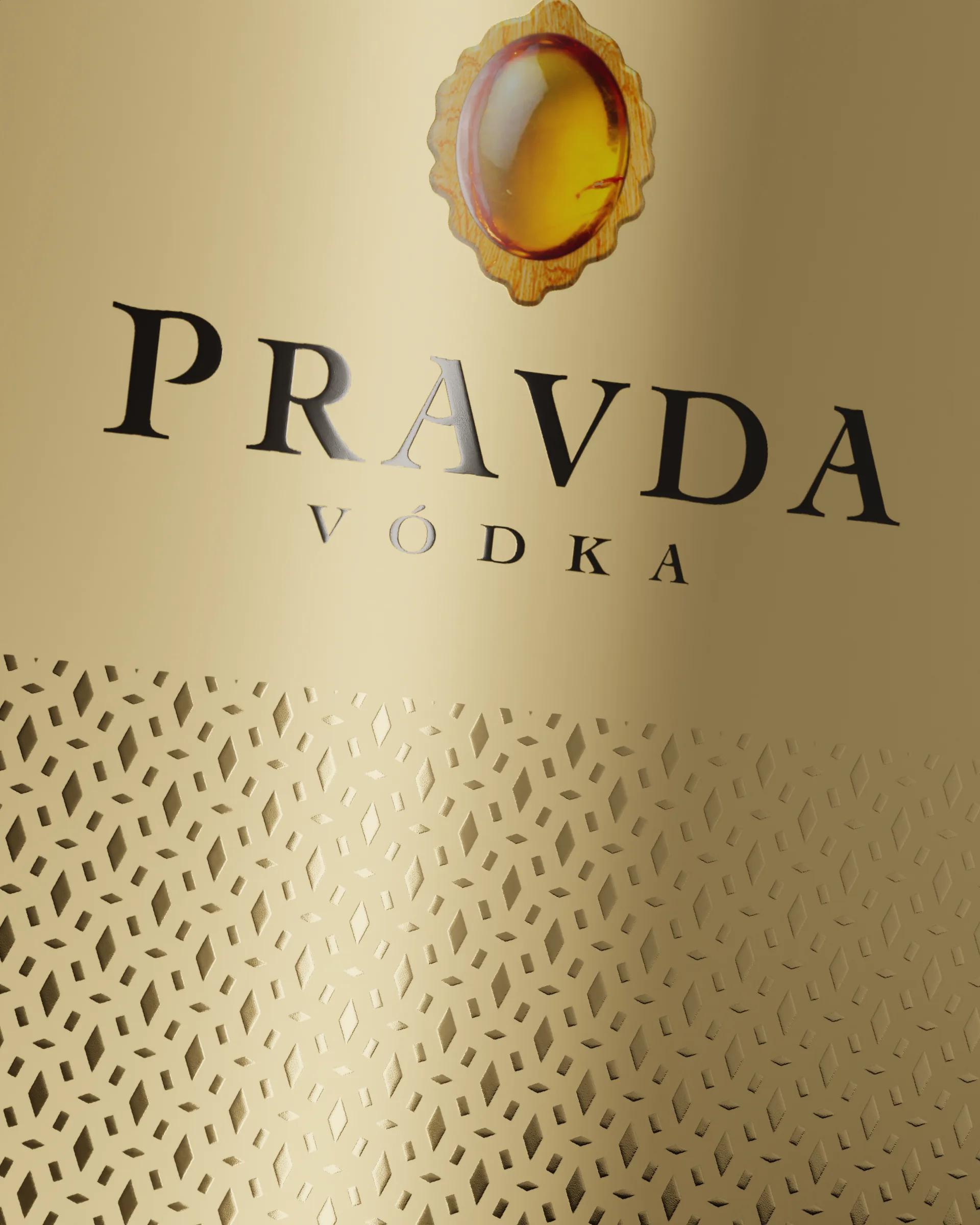 Zbliżenie kartonika: bursztyn, logo Pravda Vódka i tłoczony wzór na złotym kartonie