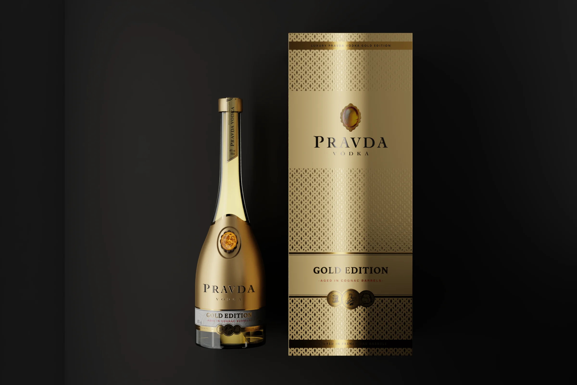 Butelka i kartonik Pravda Vodka Gold Edition na ciemnym tle
