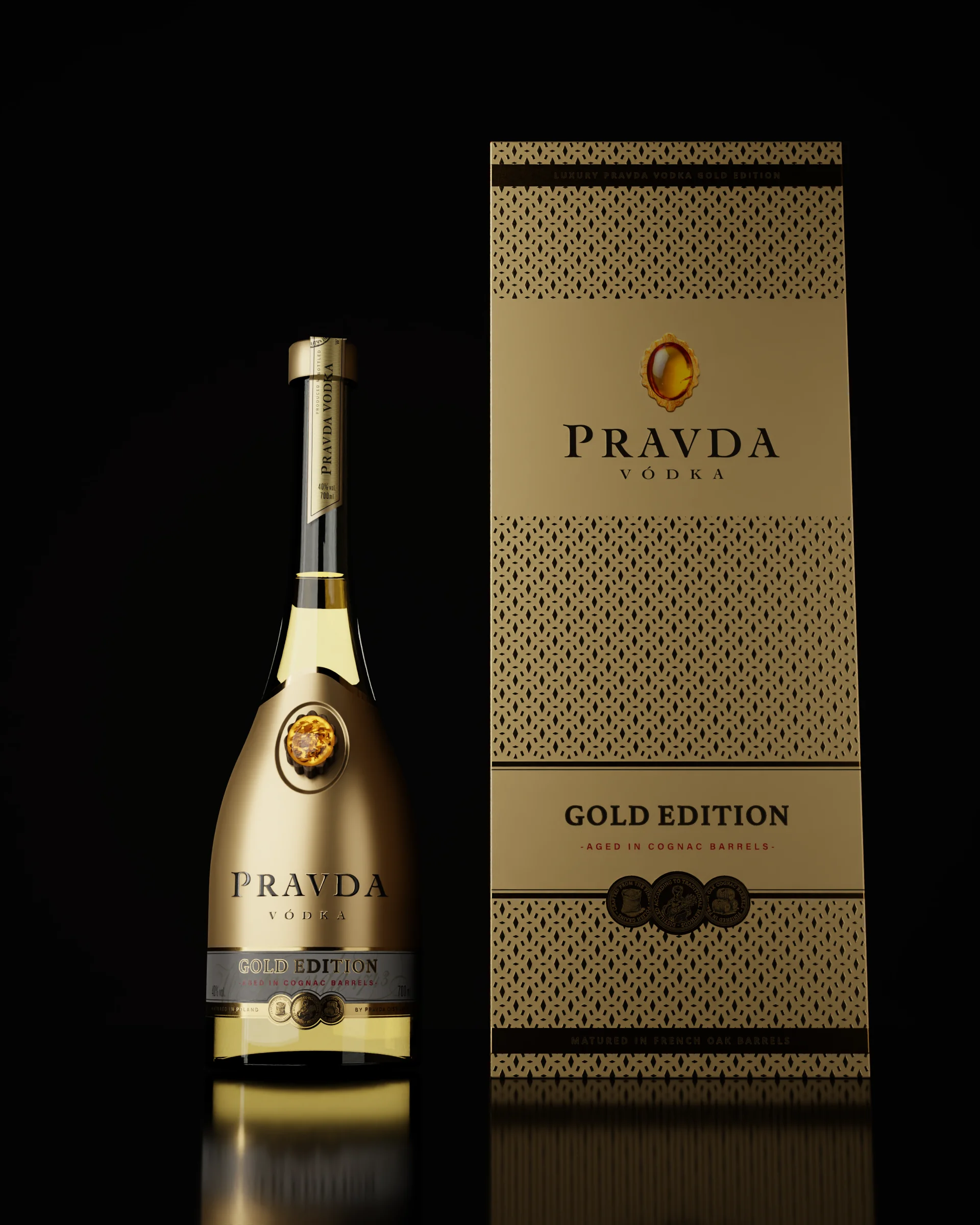 Butelka i kartonik Gold Edition stojące na czarnej lustrzanej powierzchni