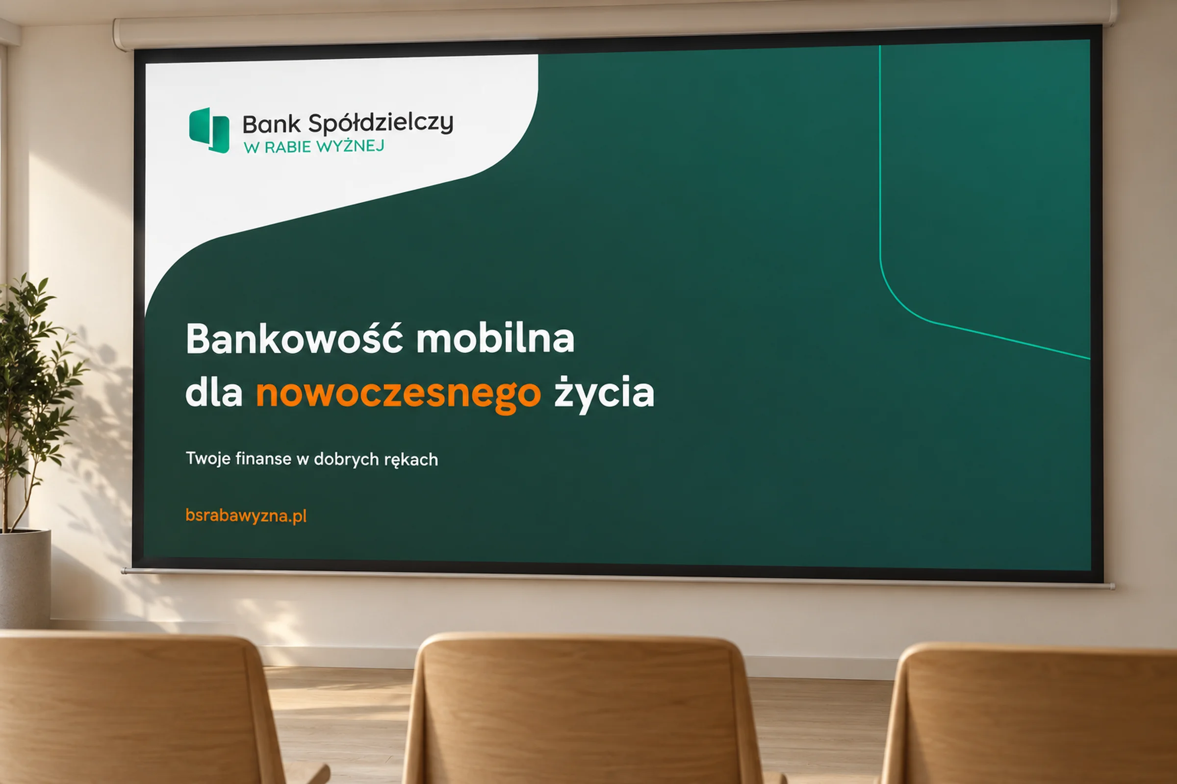 Slajd tytułowy szablonu prezentacji banku „Bankowość mobilna dla nowoczesnego życia” na dużym ekranie